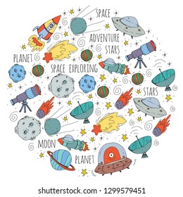 Space vector illustration. Science, technology pattern. Rocket and spaceships.