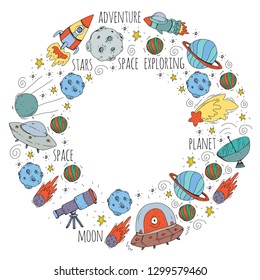 Space vector illustration. Science, technology pattern. Rocket and spaceships.