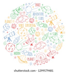 Space vector illustration. Science, technology pattern. Rocket and spaceships.