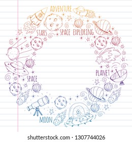 Space vector illustration. Science, technology pattern. Rocket and spaceships.