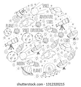 Space vector illustration. Science, technology pattern. Rocket and spaceships.