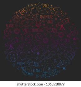 Space vector illustration. Science, technology pattern. Rocket and spaceships.