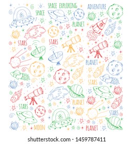 Space vector illustration. Science, technology pattern. Rocket and spaceships.