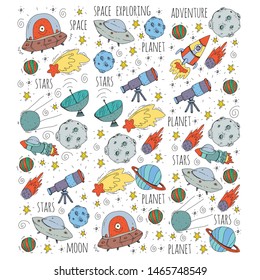 Space vector illustration. Science, technology pattern. Rocket and spaceships.