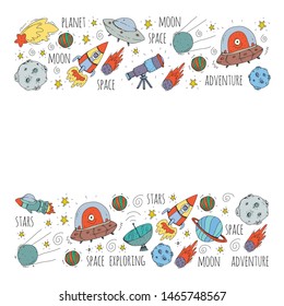 Space vector illustration. Science, technology pattern. Rocket and spaceships.