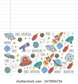 Space vector illustration. Science, technology pattern. Rocket and spaceships.