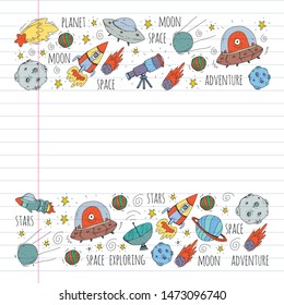 Space vector illustration. Science, technology pattern. Rocket and spaceships.