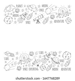 Space vector illustration. Science, technology pattern. Rocket and spaceships.