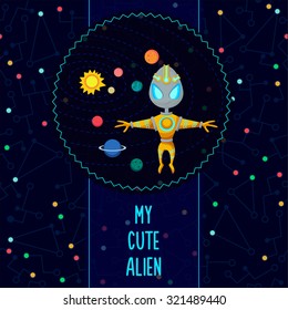 Space vector illustration in style flat about alien in the univerce. Romantic flyer.