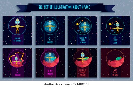 Space vector illustration in style flat about alien in the univerce. Romantic flyer.