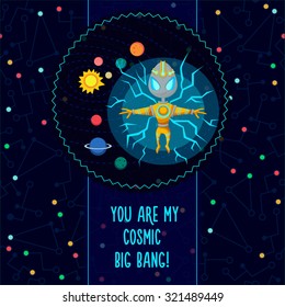 Space vector illustration in style flat about alien in the univerce. Romantic flyer.