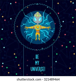 Space vector illustration in style flat about alien in the univerce. Romantic flyer.