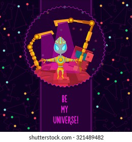 Space vector illustration in style flat about alien in the universe. Romantic flyer.