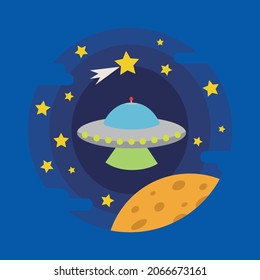 Ilustración vectorial espacial. OVNI, estrella de tiro, planetas y estrellas.