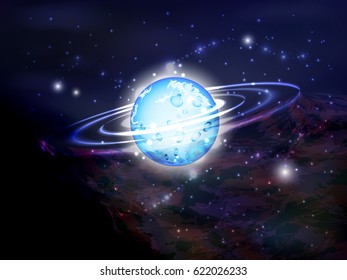 space. Vector illustration for your design. Beautiful, fantastic and magical. Space landscape. A glowing blue planet with rings.