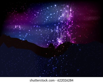 space. Vector illustration for your design. Beautiful, fantastic and magical. Blue-violet sky and landscape of the planet. Magic cosmic landscape