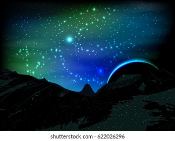space. Vector illustration for your design. Beautiful, fantastic and magical. Space landscape. Blue-green sky. indigo. Magic space