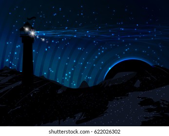 space. Vector illustration for your design. Beautiful, fantastic and magical. Horizontally oriented image. Space landscape with a lighthouse. Signal light