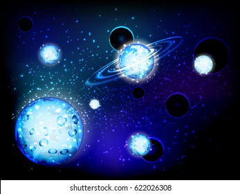 space. Vector illustration for your design. Beautiful, fantastic and magical. Space landscape. Rings are glowing neon. The starry nebula. Blue planets. Clusters of stars.