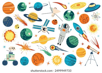 Space vector illustrations set, collection of cosmic objects, planets, stars. Solar system doodle icons, galaxies, asteroids, and comets. Space exploration concept. Astronomy and space science themes