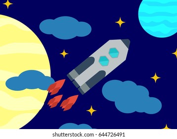 Space vector image or background. Launch missiles against the background of the sky and celestial bodies. Flat design