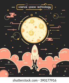 Space vector landscape in outline style, rocket launch to moon. Science and exploring concept. Rocket flying above clouds into space. Business success concept illustration. Poster with rocket and moon