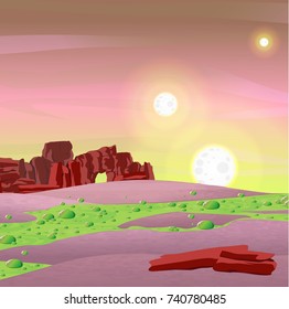 Space vector landscape. The surface of the planet with a lilac ground and a pond with a green burding liquid and red rocks.. A system of three stars. 