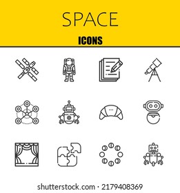 Leerzeichen-Vektorlinien-Symbole gesetzt. Raumstation, Astronaut und Schreibsymbole. Dünne Linienführung. Modern gestaltete grafische Elemente, einfache Strich-Symbole, Stockillustration