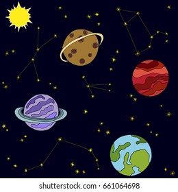 Space vector pattern. Hand drawn cosmos seamless pattern with colorful planets and stars. Doodle illustration for kids. 