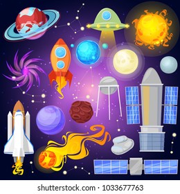 Space vector planets and spaceship in solar system planetary system mercury, venus earth or mars planetarium astronomical illustration set of satellite and comet in galaxy isolated on background