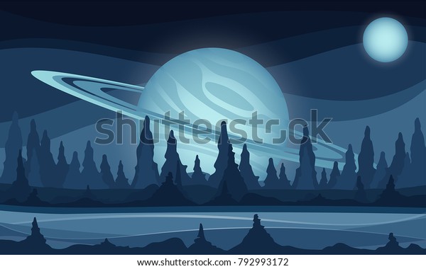 空のベクター画像sf背景 空のイラストにガスジャイアント 幻想的な宇宙人の風景 のベクター画像素材 ロイヤリティフリー