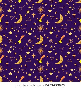 Space vector seamless pattern. Astronaut, planet, satellite, rocket, ufo, comet cartoon objects