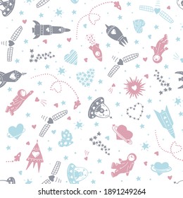 Space vector seamless pattern with austronauts, aliens, planets, stars, rocket, hears and satellite on white background for kids - for fabric, wrapping, textile, wallpaper, background.