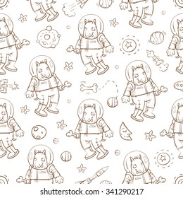 Space vector seamless pattern with cartoon dogs astronauts, rockets, stars and planets on  white background.