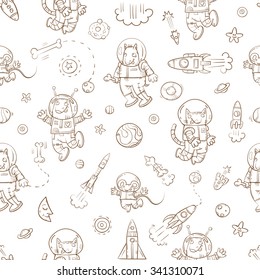 Space vector seamless pattern with cartoon animals astronauts, rockets, stars and planets on  white background.