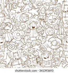 Space vector seamless pattern with cartoon dogs astronauts, rockets, stars and planets on  white background.