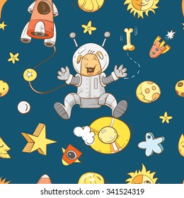 Space vector seamless pattern with cartoon dogs astronauts, rockets, stars and planets on  blue background.