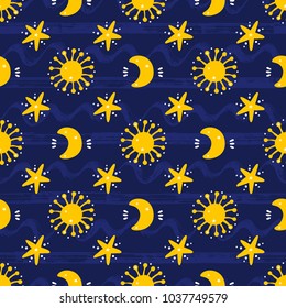 Space Vector Seamless pattern. Doodle Cosmic Space: Sun, Moon (Crescent), Stars. Cosmos Background. Cartoon Galaxy. 