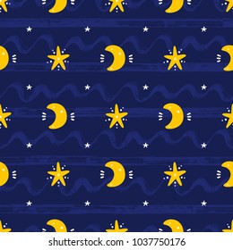 Space Vector Seamless pattern. Doodle Cosmic Space: Sun, Moon (Crescent) and Stars. Cosmos Background. Cartoon Galaxy. 