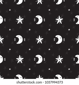 Space Vector Seamless pattern. Doodle Cosmic Space: Sun, Moon (Crescent) and Stars. Cosmos Background. Cartoon Galaxy. 