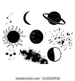 Space vector seamless pattern. Space fabric design with rockets, planets, stars and satellites.