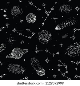 Space vector seamless pattern. Galaxy, planets, stars, comets and constellations on dark background.