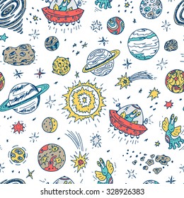 Space. Vector Seamless pattern. Hand drawn Space doodle: Planets and stars, ufo and funny aliens 