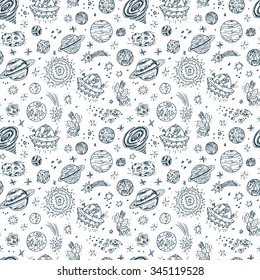 Space. Vector Seamless pattern. Hand drawn Space doodle: Planets and stars, ufo and funny aliens