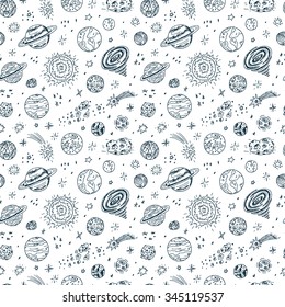 Space. Vector Seamless pattern. Hand drawn Space doodle: Planets and stars