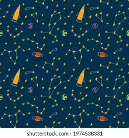 Space, vector seamless pattern. Hand-drawn illustration in flat style.Pattern for children, fabric, wrapping paper, wallpaper, design.