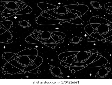 Space vector seamless pattern with handwritten planets with rins, stars and constellations