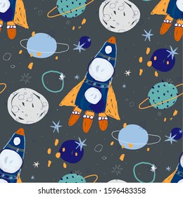 Space vector seamless pattern illustration of hand drawn colorful rocket with planet and star. 