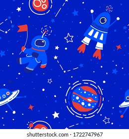 Space vector seamless pattern. Kids outer space background. Flat cartoon rocket, astronaut, stars, black hole, galaxy creative cute print collection. 