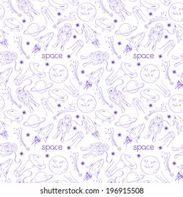 Space vector seamless pattern with line drawing doodle objects on light background